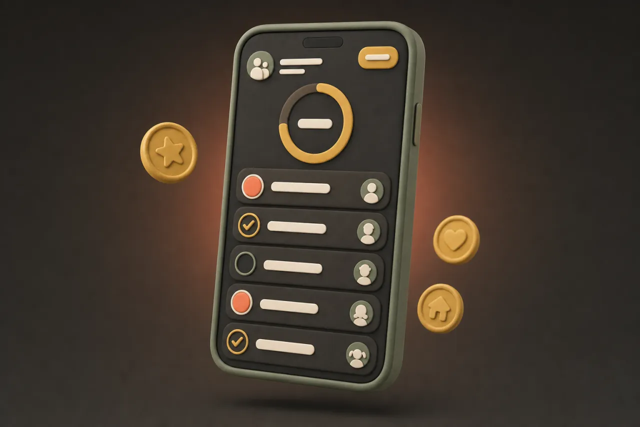 Preview of the ChoreCred app: a family chore list with coral checkmark tasks, a gold progress ring, and earned tokens.