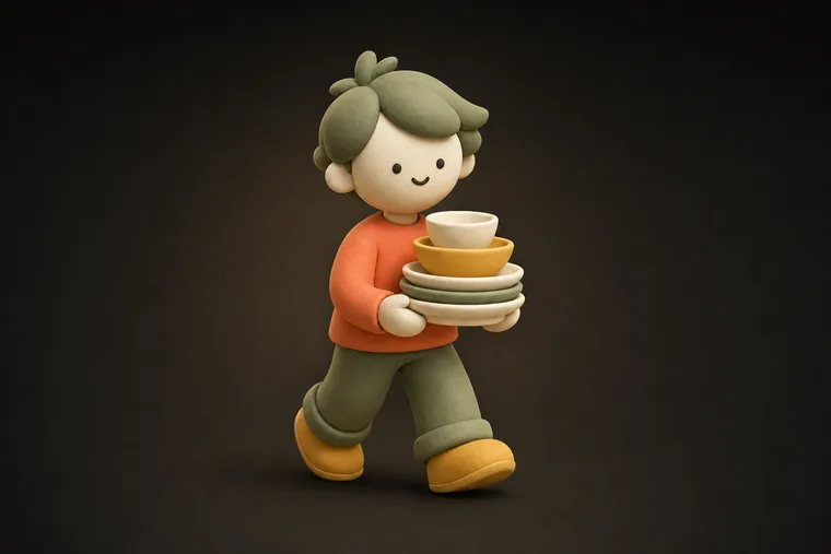 Kid clearing dishes — ChoreCred clay illustration