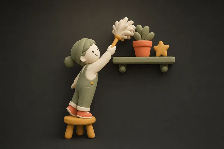 Kid dusting — ChoreCred clay illustration