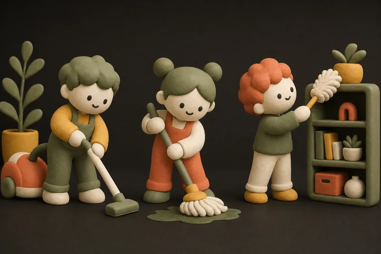 Kids doing chores (team) — ChoreCred clay illustration