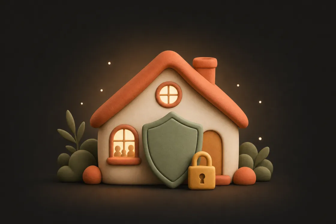 A cozy home behind a shield and lock — family data staying private and on-device.