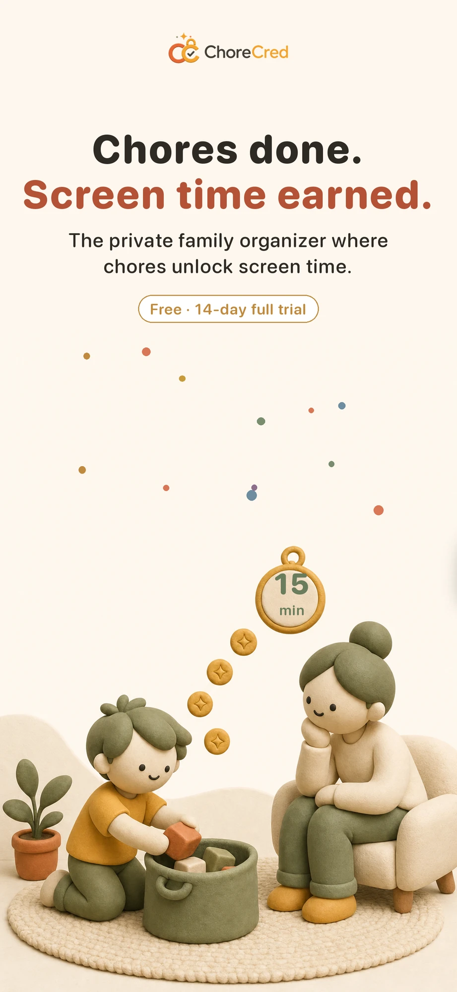 Chores done, screen time earned—ChoreCred’s private family organizer with kids completing chores and earning minutes
