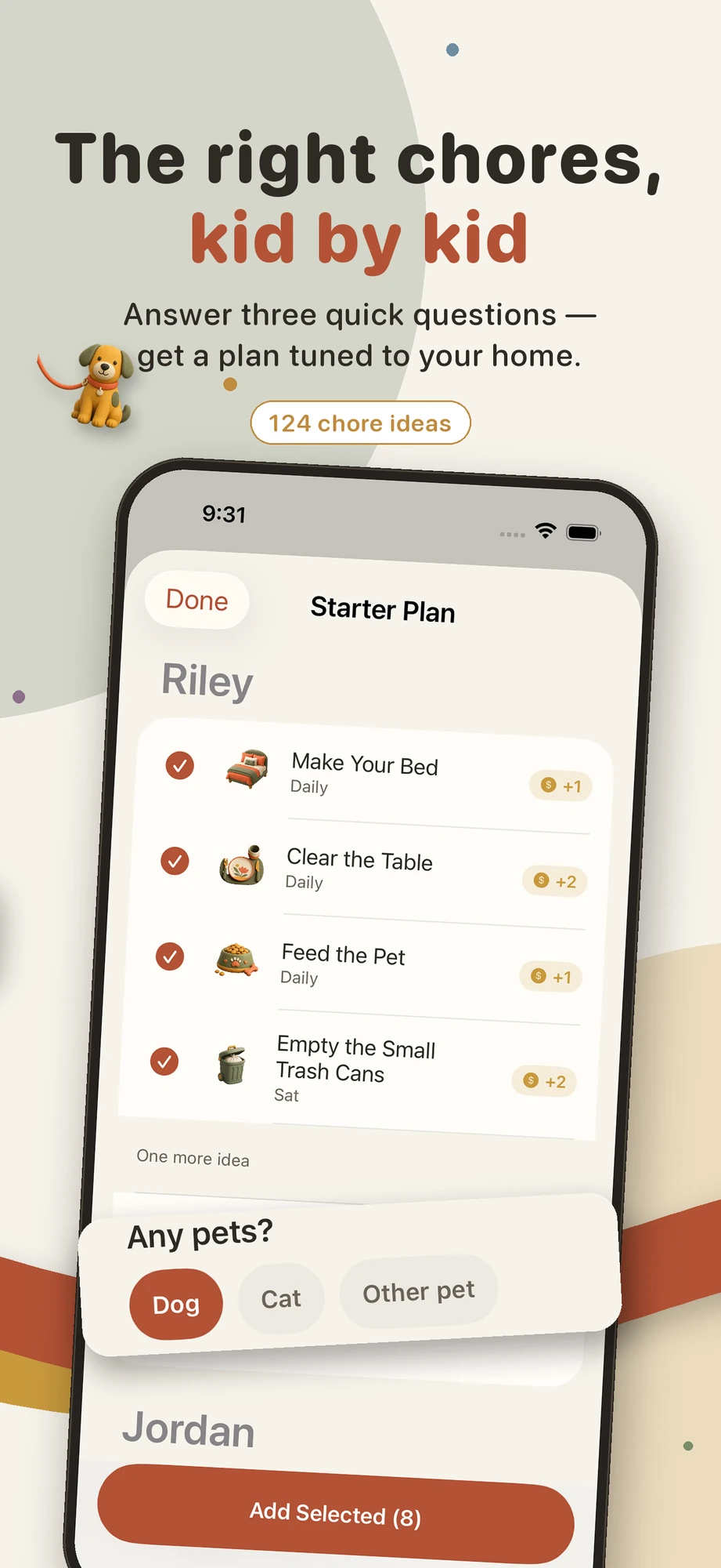 The right chores, kid by kid—Starter Plan screen with age-fit recommendations for Riley and Jordan