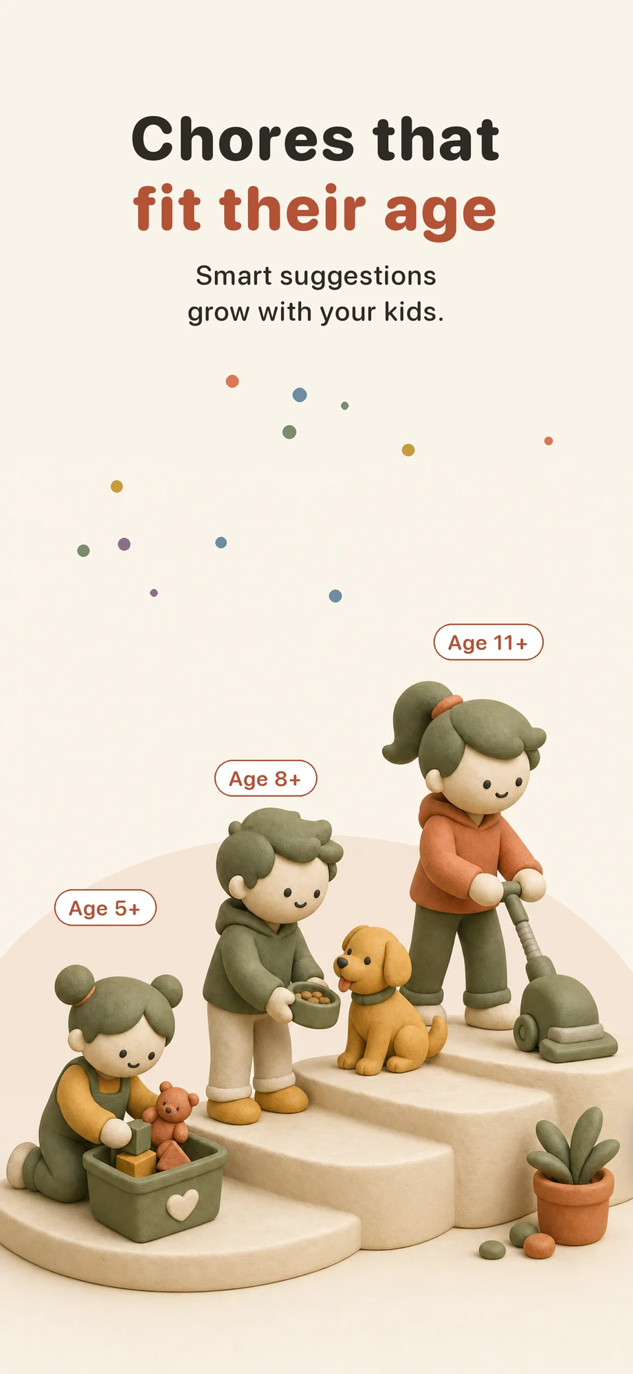 Chores that fit their age—examples of age-appropriate chores for kids ages five, eight, and eleven