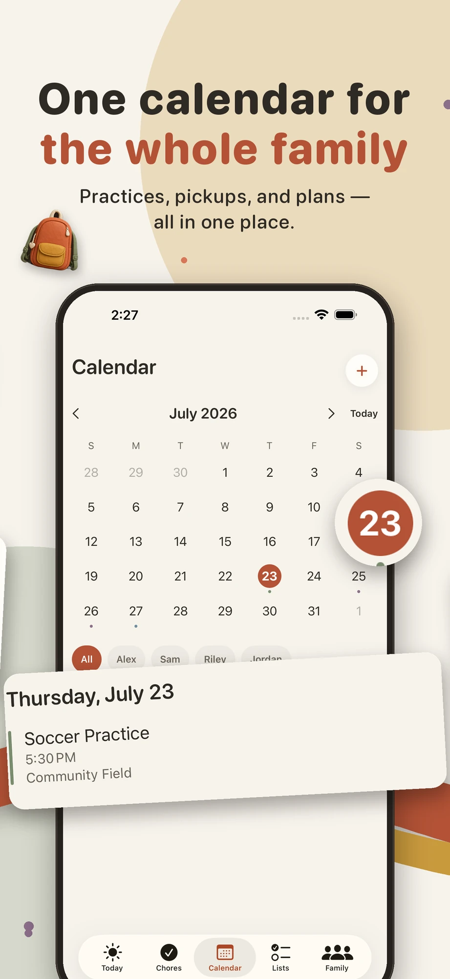 One calendar for the whole family—month view with practices and pickups