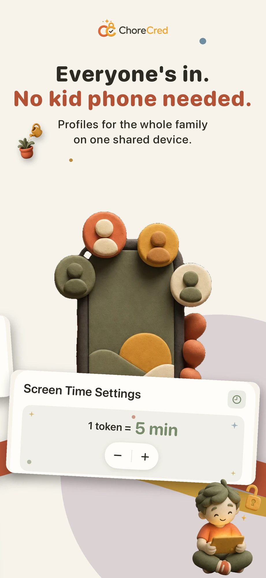 Everyone is in, no kid phone needed—family profiles on one shared device
